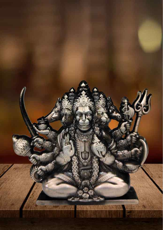 3-Inch Antique Silver-Finish Panchmukhi Hanuman Idol for Tabletop, Pooja Room & Home Decor