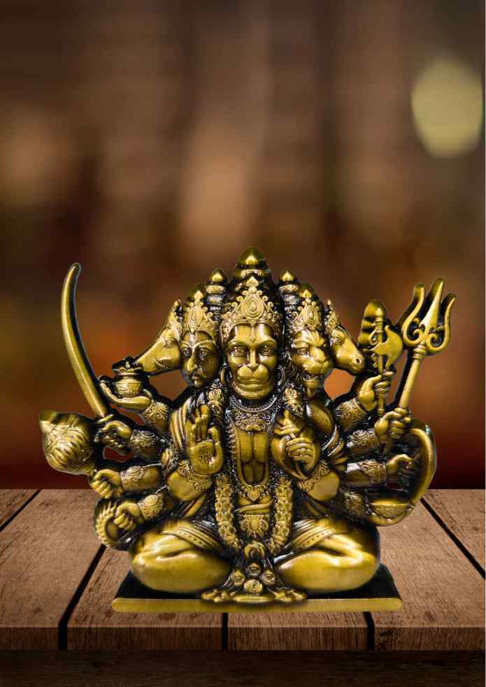 3-Inch Antique Gold-Finish Panchmukhi Hanuman Idol for Tabletop, Pooja Room & Home Decor