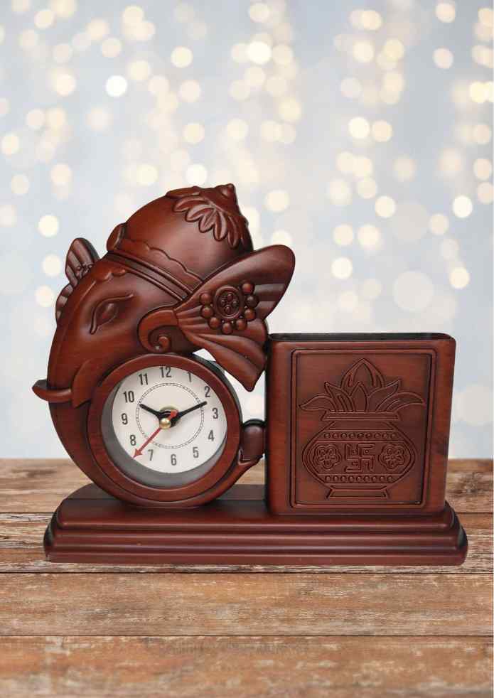 9-Inch Ganesha Table Clock with Pen Stand for Home, Office & Desk Décor