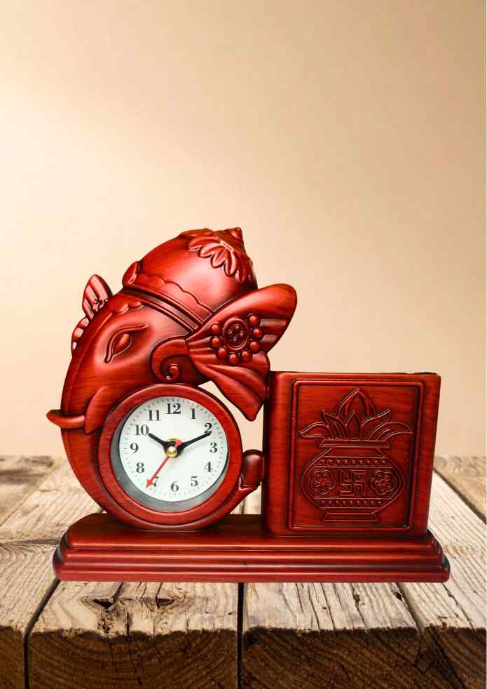 9-Inch Ganesha Table Clock with Pen Stand for Home, Office & Desk Décor