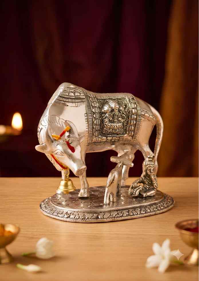 8-Inch Decorative Silver-Finish Kamadhenu Cow Idol with Calf for Home Temple, Pooja & Vastu Décor