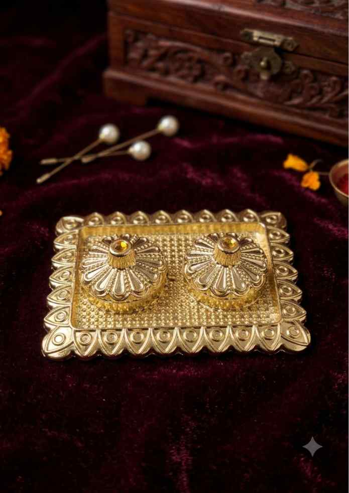 4-Inch Decorative Gold-Finish Tray for Kumkum, Haldi, Jewelry, Coins & Pooja Décor
