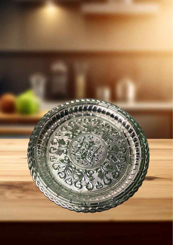 12-Inch Silver-Finish Decorative Plate with Traditional Floral Design for Pooja, Flowers, Fruits, Home Décor & Gifting