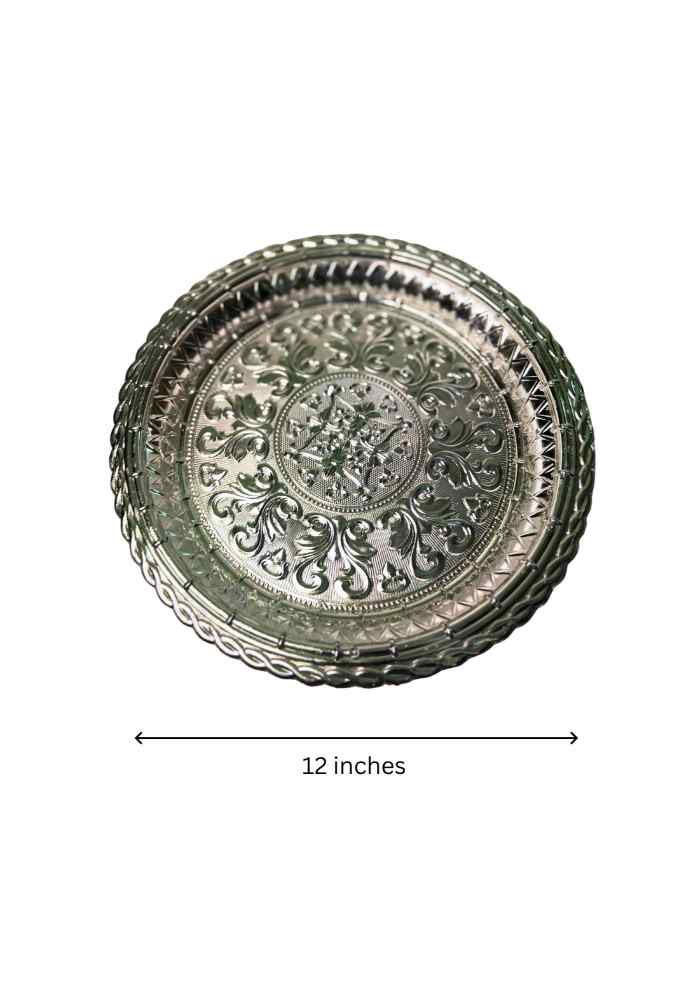 12-Inch Silver-Finish Decorative Plate with Traditional Floral Design for Pooja, Flowers, Fruits, Home Décor & Gifting alternate view