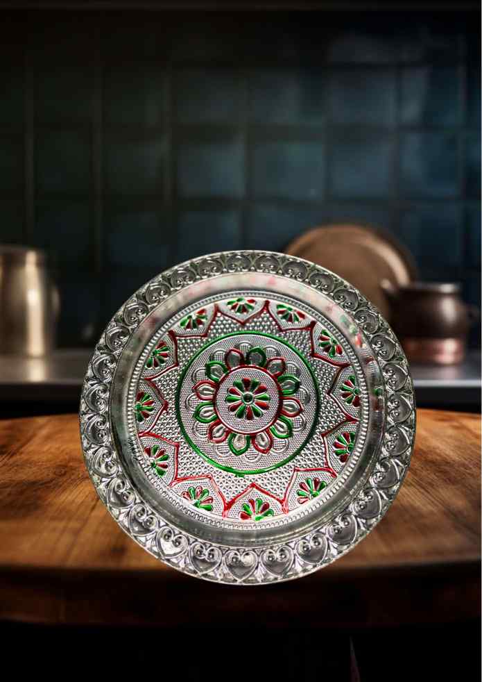 9-Inch Silver-Finish Decorative Plate with Traditional Floral Design for Pooja, Flowers, Fruits, Home Décor & Gifting
