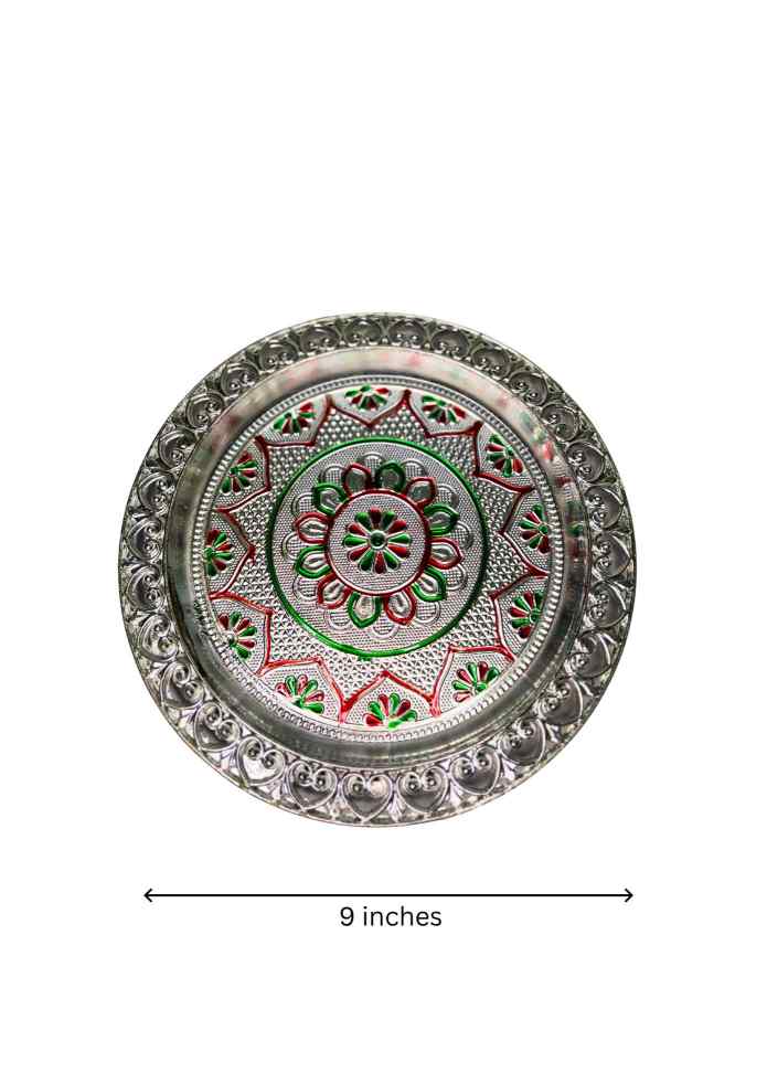 9-Inch Silver-Finish Decorative Plate with Traditional Floral Design for Pooja, Flowers, Fruits, Home Décor & Gifting alternate view