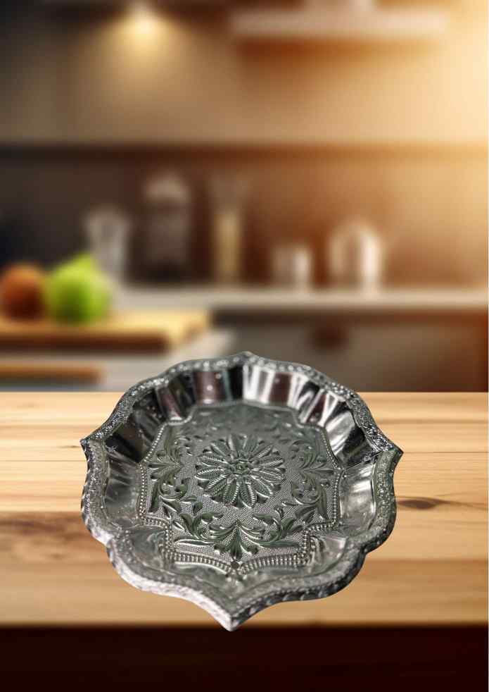 10-Inch Silver-Finish Decorative Plate with Traditional Floral Design for Pooja, Flowers, Fruits, Home Décor & Gifting