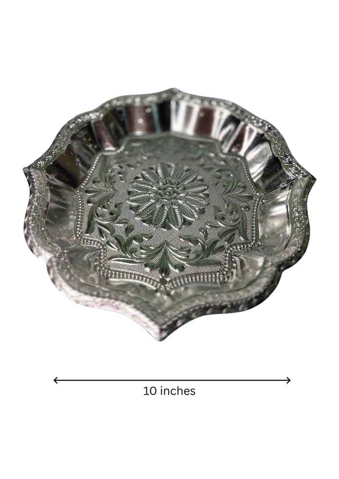 10-Inch Silver-Finish Decorative Plate with Traditional Floral Design for Pooja, Flowers, Fruits, Home Décor & Gifting alternate view