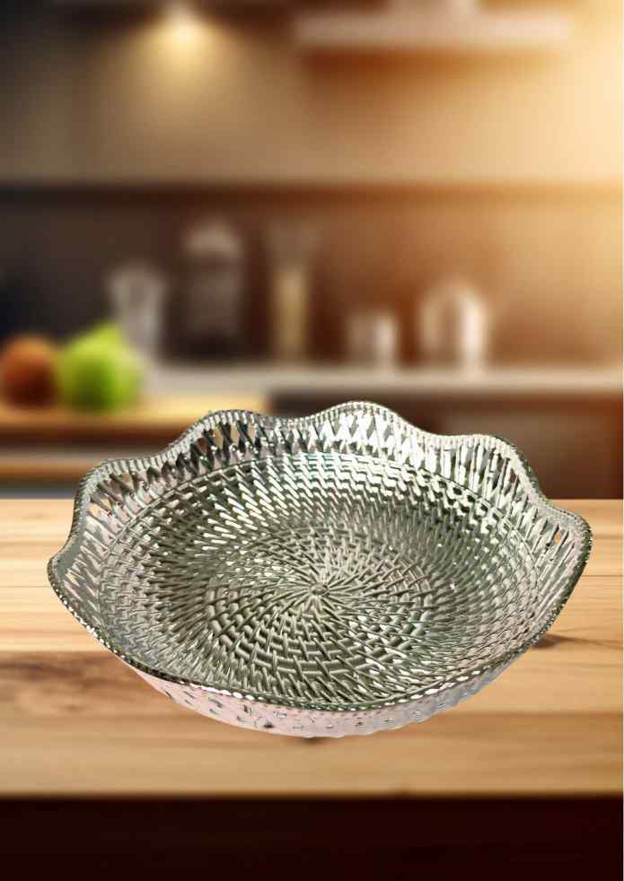7-Inch Silver-Finish Decorative Plate with Woven Pattern for Pooja, Fruits, Flowers, Home Décor & Gifting