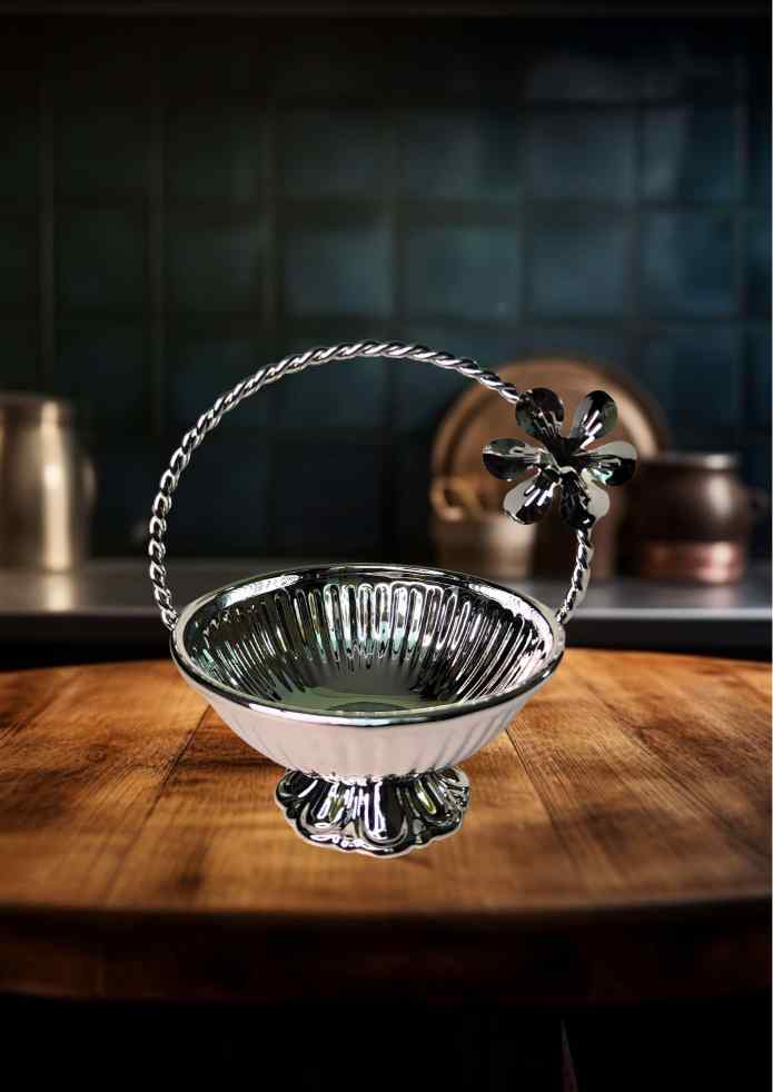 4-Inch Silver-Finish Decorative Basket with Flower Accent for Fruits, Flowers, Pooja, Home Décor & Gifting