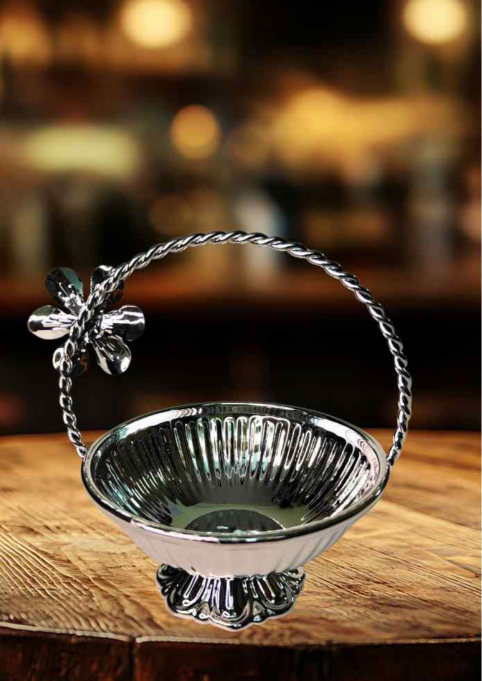 4-Inch Silver-Finish Decorative Basket with Flower Accent for Fruits, Flowers, Pooja, Home Décor & Gifting alternate view