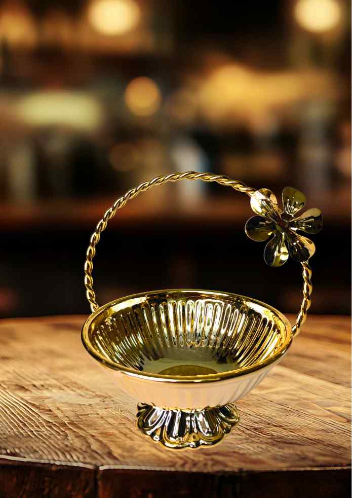 4-Inch Gold-Finish Decorative Basket with Flower Accent for Fruits, Flowers, Pooja, Home Décor & Gifting