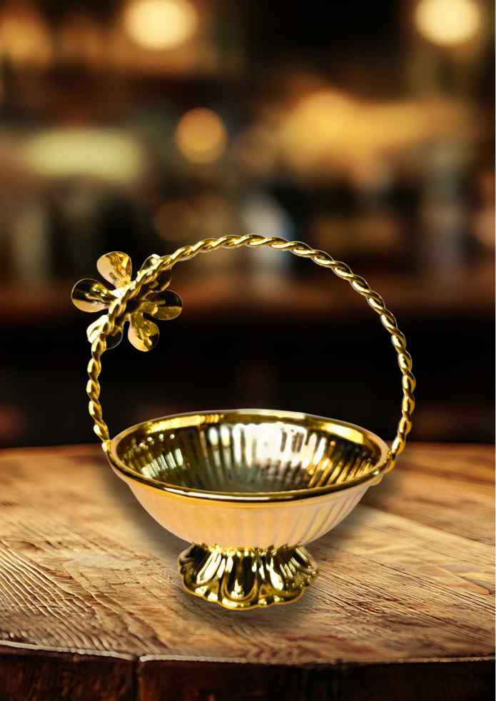 4-Inch Gold-Finish Decorative Basket with Flower Accent for Fruits, Flowers, Pooja, Home Décor & Gifting alternate view