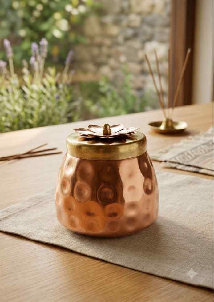 4-Inch Copper-Finish Decorative Storage Jar with Lotus Lid for Dry Fruits, Pooja, Home Décor & Gifting