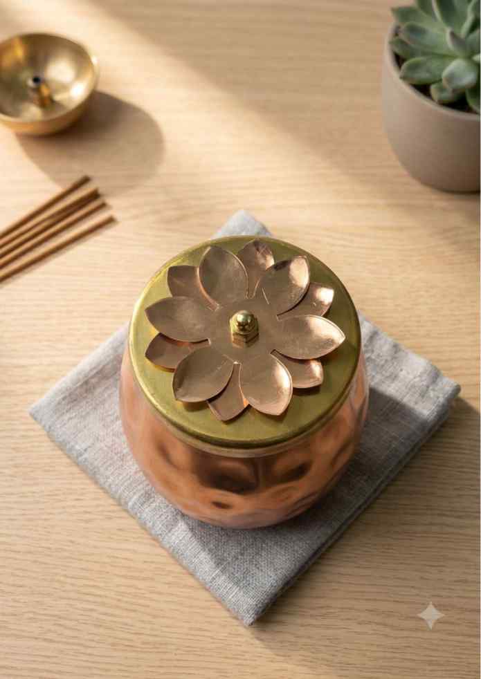 4-Inch Copper-Finish Decorative Storage Jar with Lotus Lid for Dry Fruits, Pooja, Home Décor & Gifting alternate view