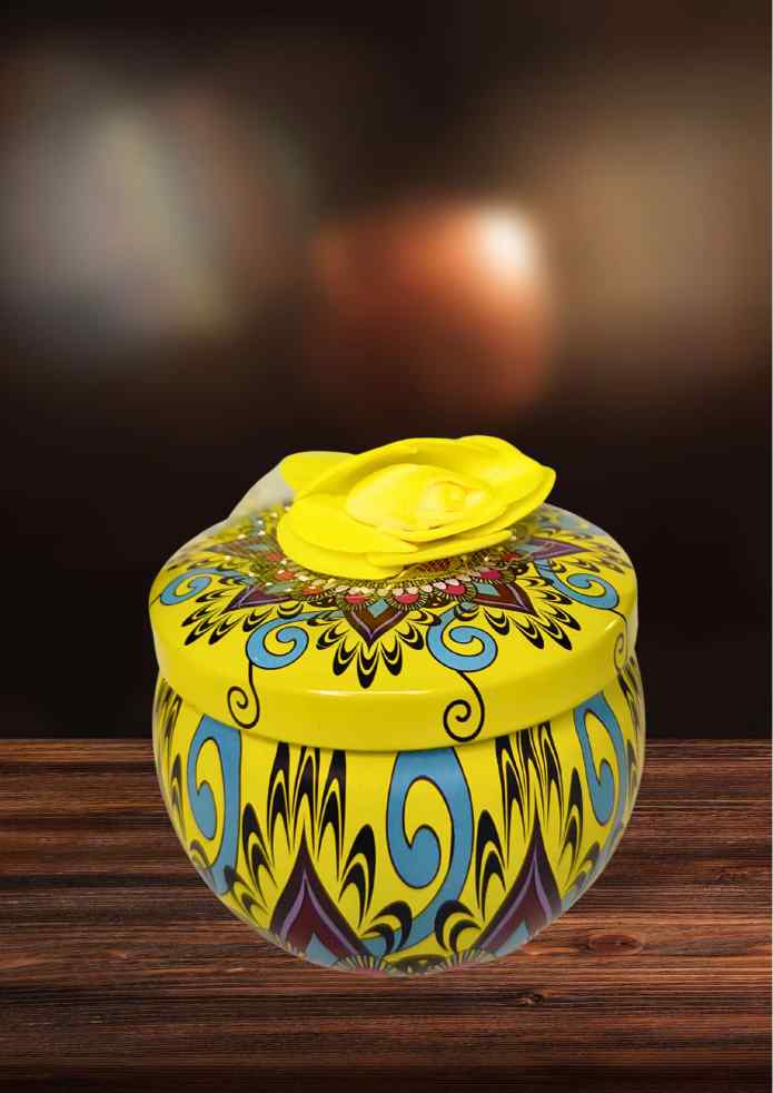 3-Inch Yellow Decorative Round Box with Flower Accent for Jewellery, Keepsakes, Pooja, Home Décor & Gifting