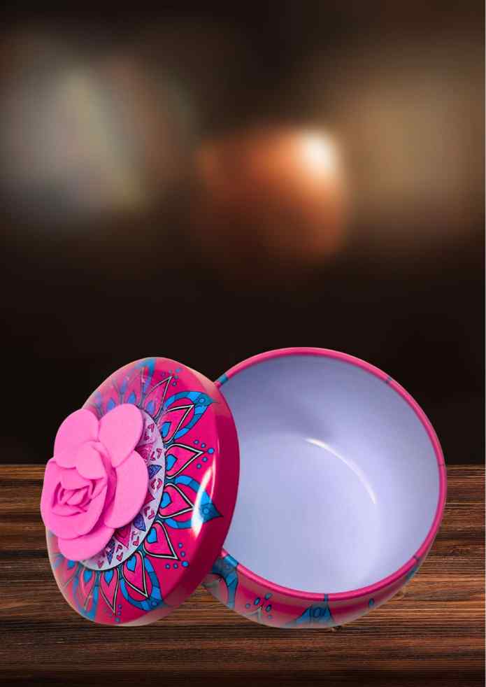 3-Inch Pink Decorative Round Box with Flower Accent for Jewellery, Keepsakes, Pooja, Home Décor & Gifting alternate view