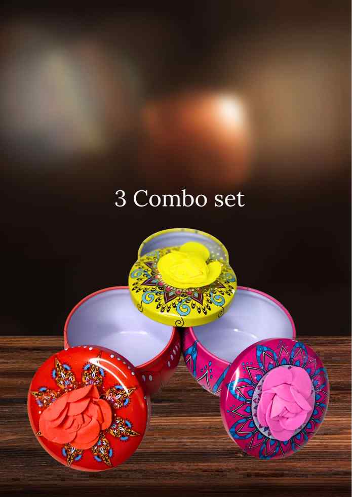 3-Inch Decorative Round Box Combo Set of 3 with Flower Accent for Jewellery, Keepsakes, Pooja, Home Décor & Gifting alternate view
