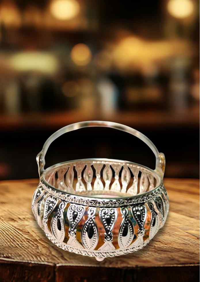 4-Inch Silver-Finish Decorative Basket for Fruits, Flowers, Pooja, Home Décor & Gifting