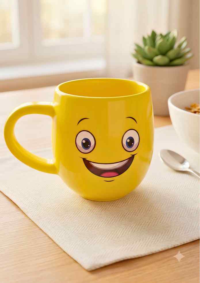 4-Inch Yellow Plastic Mug with Smiley Face Print for Kids, Milk, Juice & Everyday Use