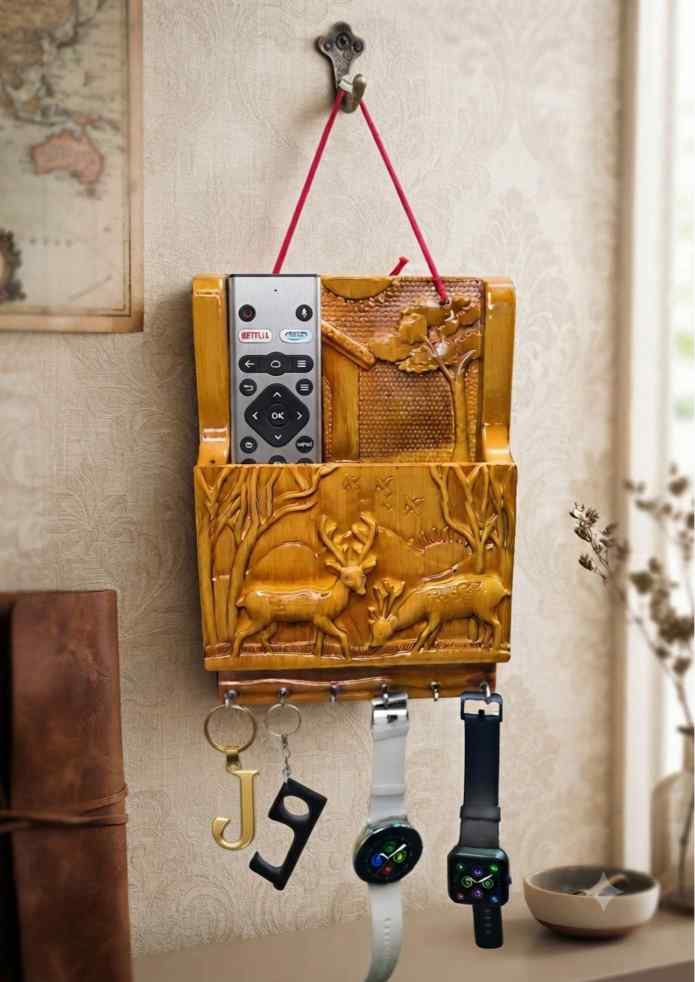 9-Inch Wooden Finish Stag Carved Wall Hanging Key Holder, Remote Stand & Organizer for Living Room