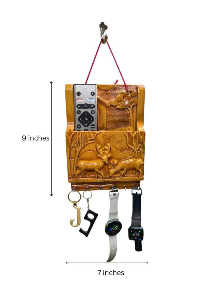 9-Inch Wooden Finish Stag Carved Wall Hanging Key Holder, Remote Stand & Organizer for Living Room alternate view