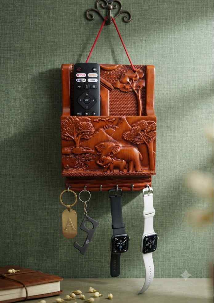 9-Inch Wooden Finish Elephant Carved Wall Hanging Key Holder, Remote Stand & Organizer for Living Room
