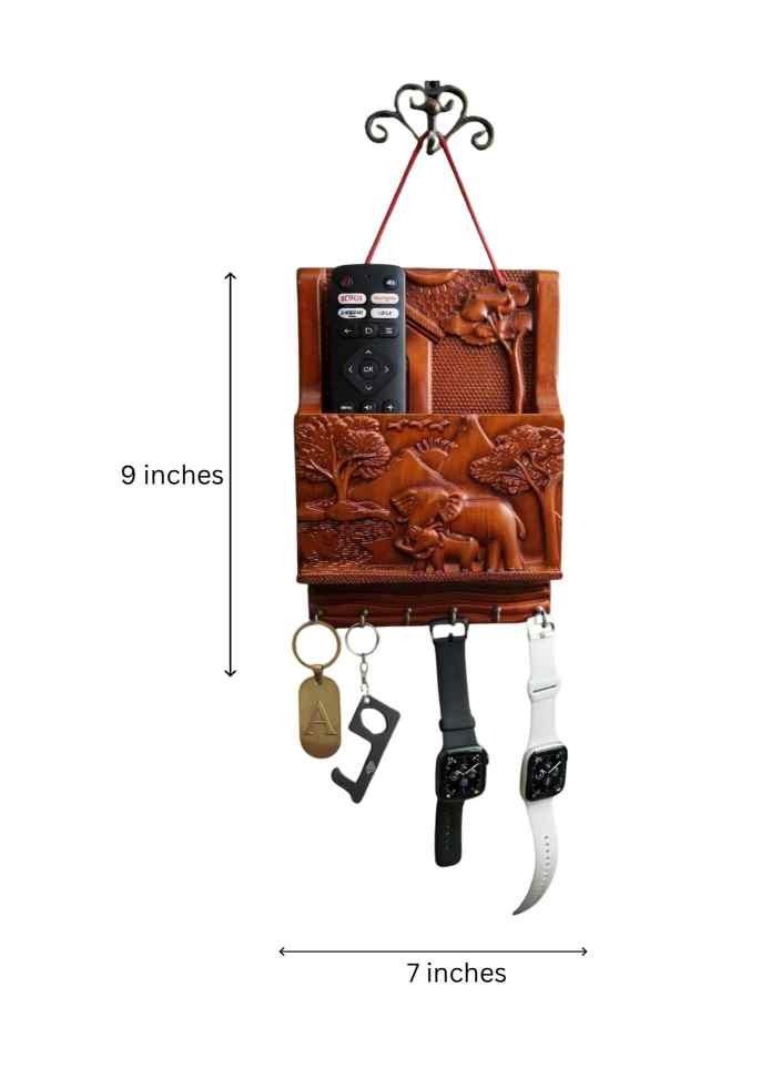 9-Inch Wooden Finish Elephant Carved Wall Hanging Key Holder, Remote Stand & Organizer for Living Room alternate view
