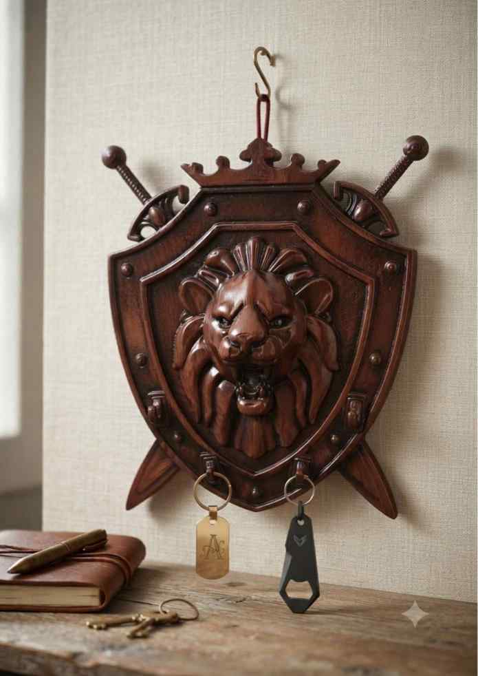 8-Inch Wooden Finish Lion Shield & Swords Wall Hanging Key Holder for Living Room & Home Décor