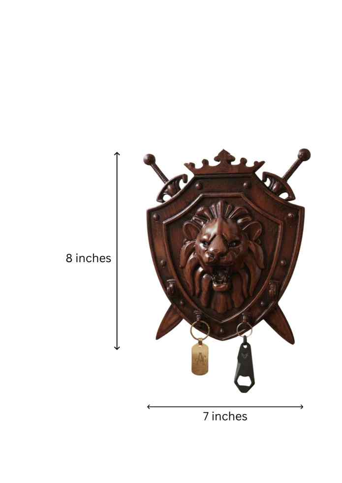 8-Inch Wooden Finish Lion Shield & Swords Wall Hanging Key Holder for Living Room & Home Décor alternate view