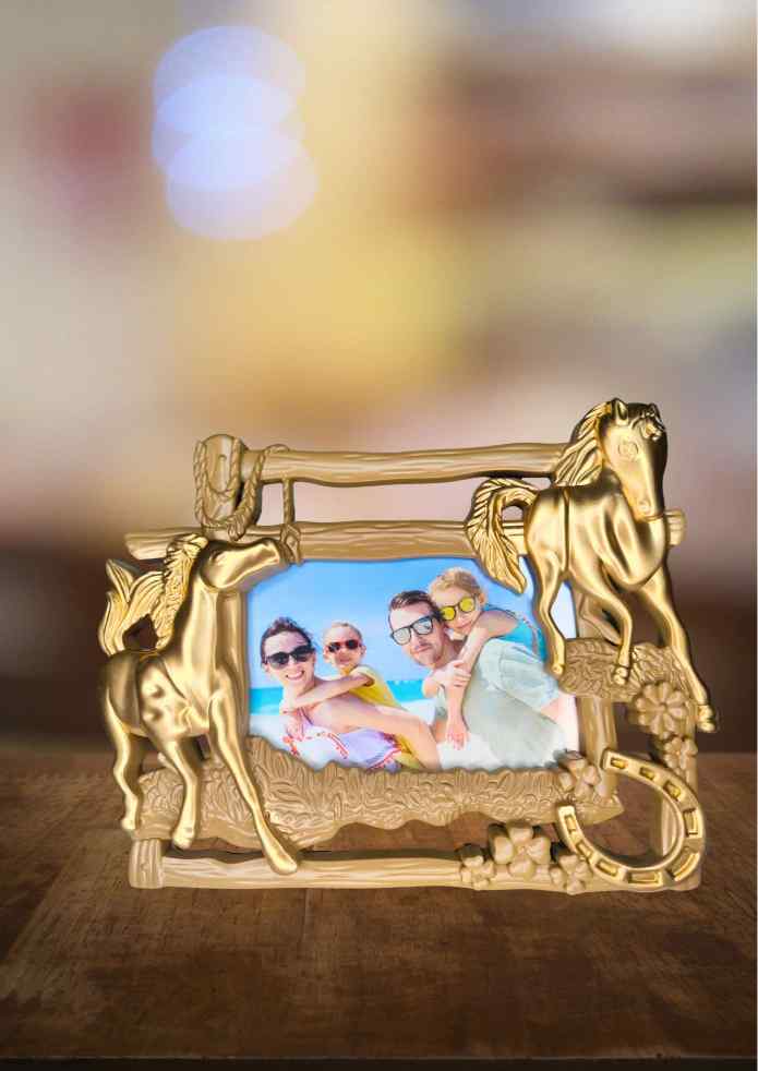 9-Inch Gold-Finish Twin Horses Decorative Photo Frame for Family Photos, Living Room & Table Décor