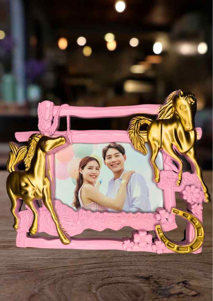 9-Inch Pink & Gold-Finish Twin Horses Decorative Photo Frame for Family Photos, Living Room & Table Décor